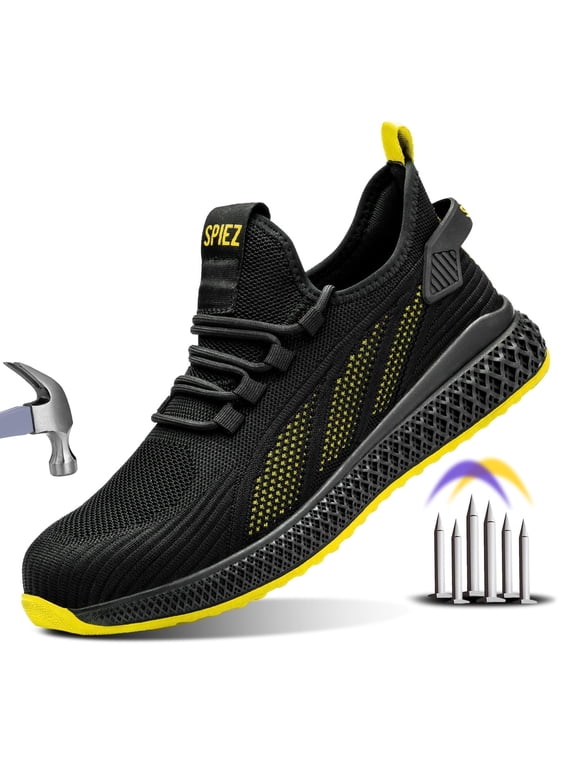 ® Men's Composite Toe Safety Shoes, High-Visibility Work Sneakers, Breathable Non-Slip Shoes for Work & Daily Wear – Black/Yellow, Size 12