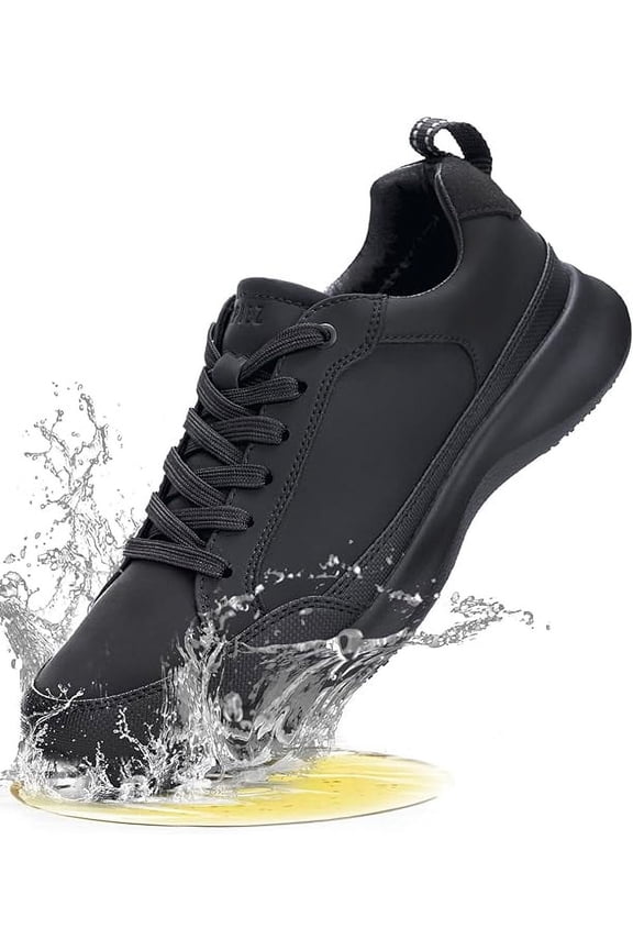 Men's Non-Slip Work Shoes, ASTM F2892 Certified Waterproof Oil-Resistant Safety Sneakers for Food Service, Warehouse & Outdoor - Black, Size 10