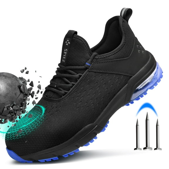 SPIEZ Men’s Safety Shoes with Composite Toe, Air Cushion Slip-on Work Sneakers, Lightweight & Comfortable for All-Day Work, Black/Blue Size 11.5