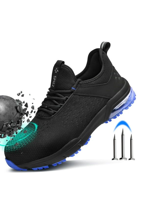 Men’s Safety Shoes with Composite Toe, Air Cushion Slip-on Work Sneakers, Lightweight & Comfortable for All-Day Work, Black/Blue Size 11.5