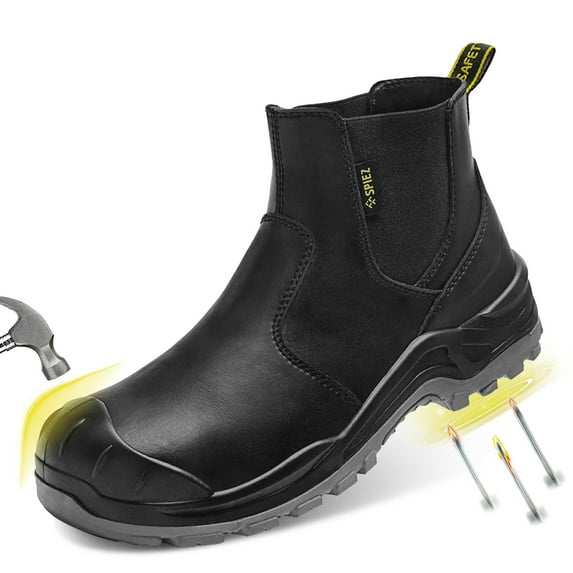 SPIEZ Men's Steel Toe Chelsea Safety Boots, Non-Slip Waterproof Welding 6-Inch Work Boots, Anti Smashing Puncture-Proof Leather Boots – Black Size 10