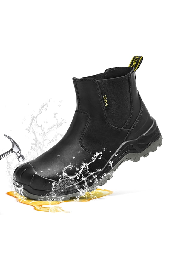 Men's Steel Toe Chelsea Work Boots,Waterproof Non-Slip 6-Inch Safety Boots with Kevlar Midsole,Slip-On Leather Boots for Construction Warehouse Outdoor - Black Size 9