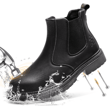 SPIEZ Men's Steel Toe Chelsea Safety Boots, Ultra-Soft Slip-On Waterproof Welding Work Boots, Lightweight Puncture-Proof Leather Shoes for Factory|Construction|Outdoor – Black Size 10