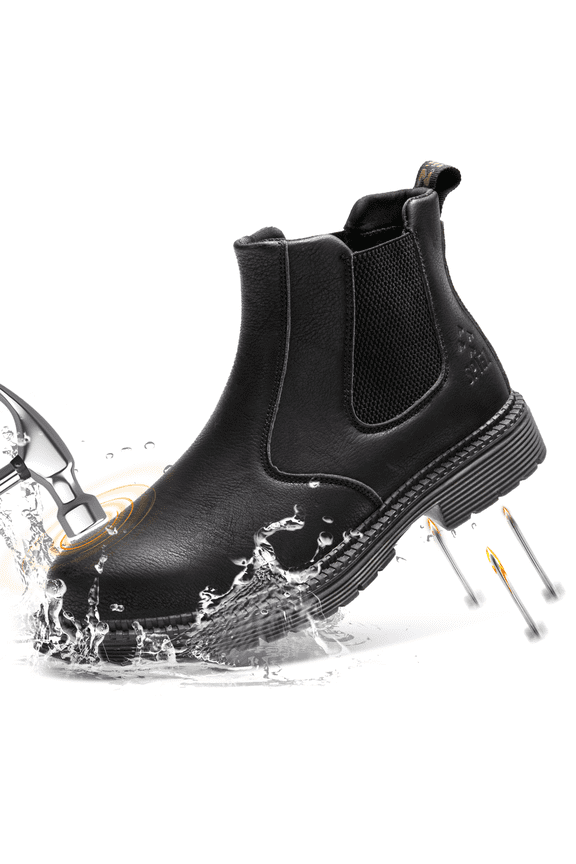 Men's Steel Toe Chelsea Safety Boots, Ultra-Soft Slip-On Waterproof Welding Work Boots, Lightweight Puncture-Proof Leather Shoes for Factory|Construction|Outdoor – Black Size 10