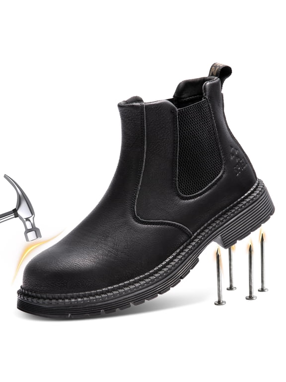 Men's Steel Toe Chelsea Safety Boots, Slip-On Waterproof Work Boots, Puncture-Proof Leather Shoes for Factory|Construction|Outdoor – Black Size 10