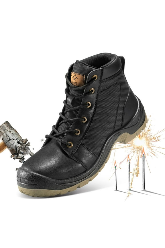 Men's Steel Toe Work Boots – Puncture-Proof, Non-Slip Safety Boots for Industrial, Construction, Hiking, Tactical, and Outdoor Use, Black Size 8