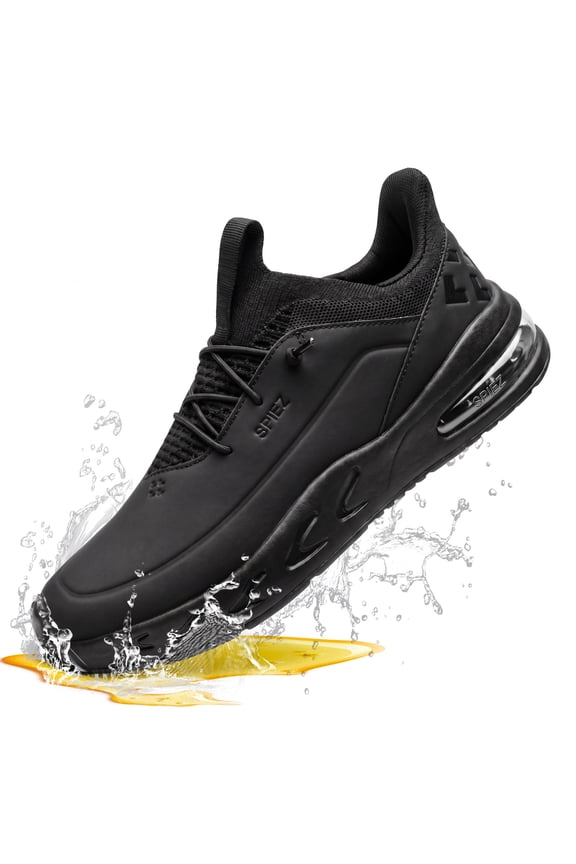 Men's Non-Slip Work Shoes, Oil Resistant Waterproof Slip-On Sneakers with Air Cushion for Chef, Food Service, Restaurant, and Daily Wear - Black Size 10.5