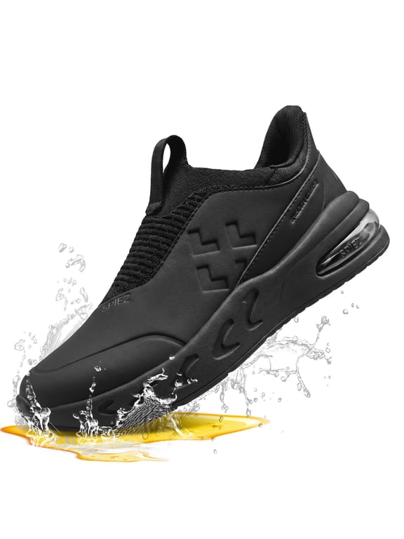 Non Slip Shoes for Women, Oil Resistant Slip-on Waterproof Work Sneakers with Air Cushion for Nursing, Service and Daily Wear, Black Size 9
