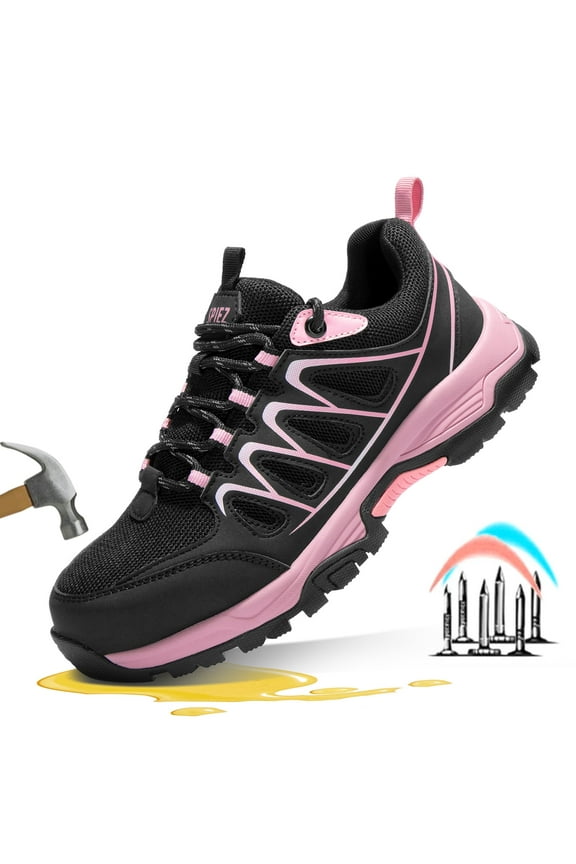 ® Composite Toe Non Slip Safety Shoes for Women,EN ISO 20345 Standard Oil-Resistant Work Shoes,Breathable Lightweight Safety Sneaker for Work & Daily Wear-Black Pink,Size 8 Women