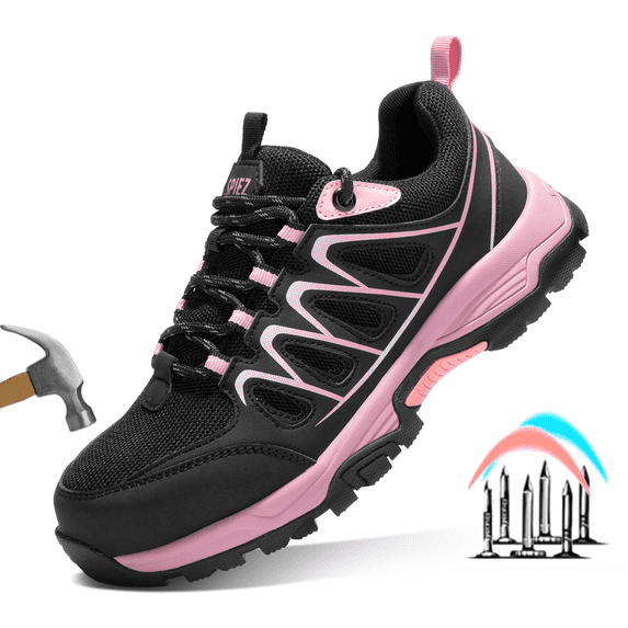 SPIEZ® Slip Resistant Safety Shoes for Women,EN ISO 20345 Standard Composite Toe Work Shoes,Breathable Lightweight Safety Sneaker for Work & Daily Wear-Black Pink,Size 8 Women