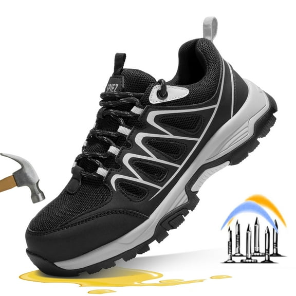 SPIEZ® Unisex Oil-Resistant Non Slip Safety Shoes,EN ISO 20345 Standard Composite Toe Work Shoes,Breathable Lightweight Safety Sneaker for Work & Daily Wear-Black Gray,Size 10.5 Women/9 Men