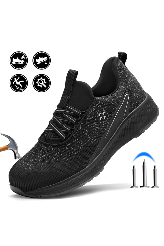 ® Composite Toe Safety Shoes for Men Women, Slip Resistant Lightweight Work Sneakers, Breathable Slip-On Work Shoes for Warehouse, Factory & Delivery Work - Black,Size 6 Women/5 Men