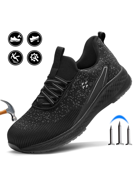 ® Composite Toe Safety Shoes for Men Women, Slip Resistant Lightweight Work Sneakers, Breathable Slip-On Work Shoes for Warehouse, Factory & Delivery Work - Black,Size 10.5 Women/9 Men