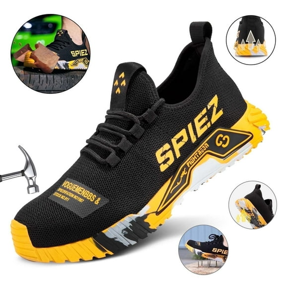 SPIEZ Steel Toe Shoes for Men – Slips on, Ultra-light Work Sneakers, Non-Slip Breathable Safety Shoes for Construction, Industrial and Outdoor Use – Black & Yellow, Size 10