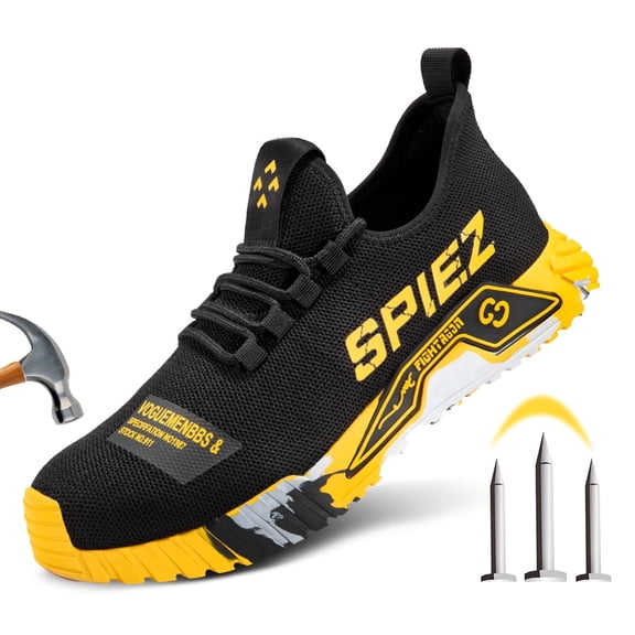 SPIEZ® Mens Steel Toe Work Shoes Slip On, Non-Slip Safety Sneakers with Kevlar Midsole, Breathable Lightweight for Warehouse Factory Construction– Black & Yellow, Size 10