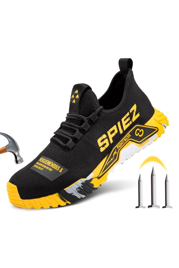 ® Mens Steel Toe Work Shoes Slip On, Non-Slip Safety Sneakers with Kevlar Midsole, Breathable Lightweight for Warehouse Factory Construction– Black & Yellow, Size 10