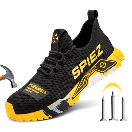 SPIEZ® Mens Steel Toe Safety Shoes, Non Slip Rubber Sole Work Shoes,Breathable Safety Sneakers for Construction,Industrial and Outdoor Use – Black & Yellow, Size 10