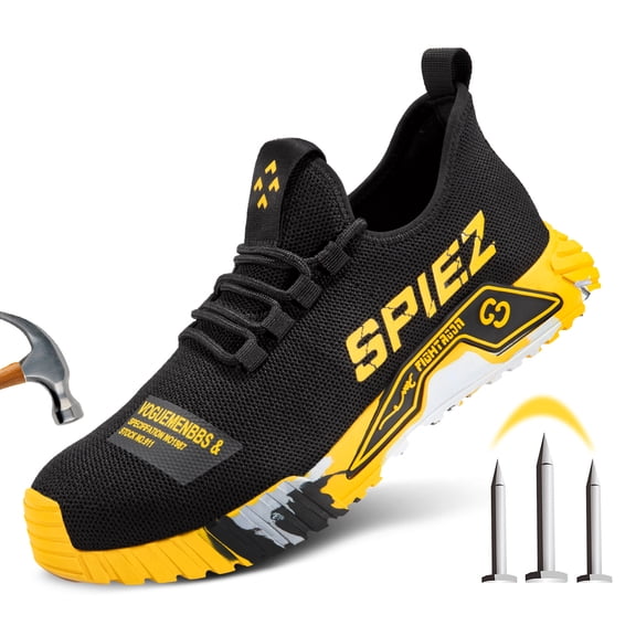 SPIEZ® Mens Steel Toe Safety Shoes, Non Slip Rubber Sole Work Shoes,Breathable Safety Sneakers for Construction,Industrial and Outdoor Use – Black & Yellow, Size 10