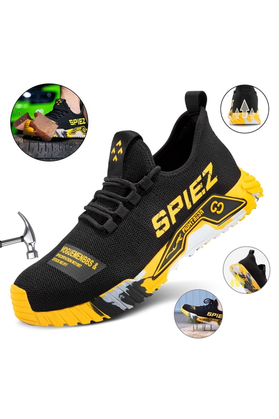 ® Steel Toe Shoes for Men Work,Slip Resistant Puncture Safety Work Sneakers,Breathable Lightweight Safety Shoes for Warehouse Factory Construction – Black & Yellow, Size 11