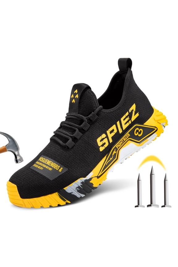 ® Mens Steel Toe Safety Shoes, Non Slip Puncture Resistance Work Shoes,Breathable Safety Sneakers for Factory,Warehouse,Assembly Work– Black & Yellow, Size 9