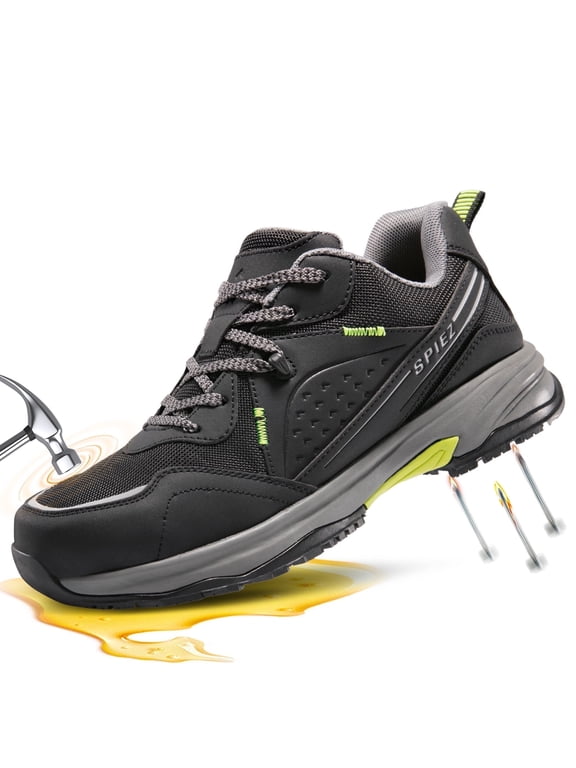 ® Composite Toe Safety Shoes for Men, Oil-Resistant Lightweight Work Shoes, Durable Non Slip Sneakers for Hiking, Construction, Outdoor & Warehouse Use, Balck Green, Size 10.5