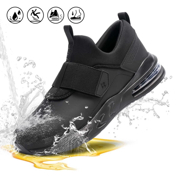 SPIEZ® Unisex Non Slip Work Shoes,Waterproof Work Sneakers with Air Cushion,Easy Clean Slip On Food Service Shoes for Server|Nurse|Chef-Black,Size 10 Women/8.5 Men