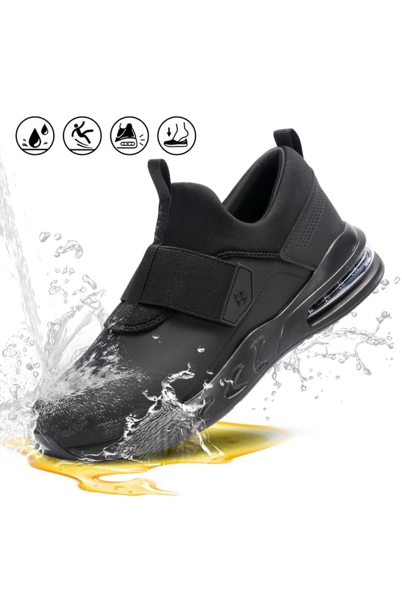 ® Unisex Non Slip Work Shoes,Waterproof Work Sneakers with Air Cushion,Easy Clean Slip On Food Service Shoes for Server|Nurse|Chef-Black,Size 8.5 Women/7 Men