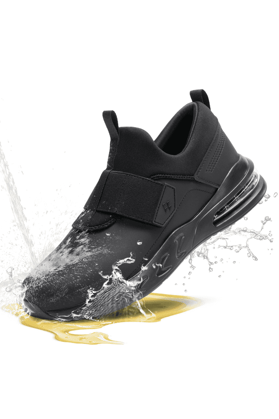 ® Unisex Waterproof Work Shoes,Non Slip Lightweight Work Sneakers,Easy Clean Slip On Food Service Shoes for Waiter|Nurse|Chef-Black,Size 8.5 Women/7 Men