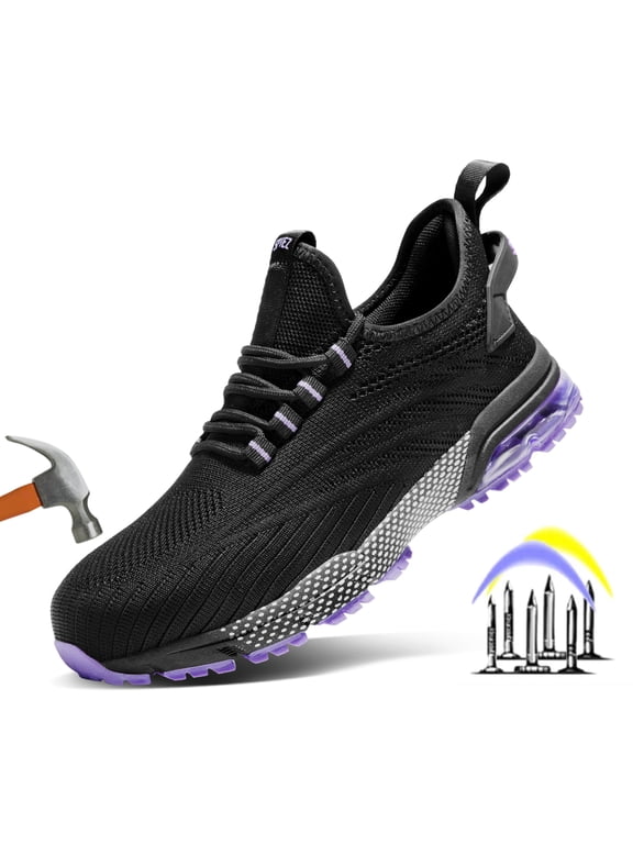 Women’s Composite Toe Safety Shoes with Air Cushion, ASTM F2412 Certified Puncture-Proof Work Sneakers, Comfortably for All-Day Wear-Black Purple Size 8