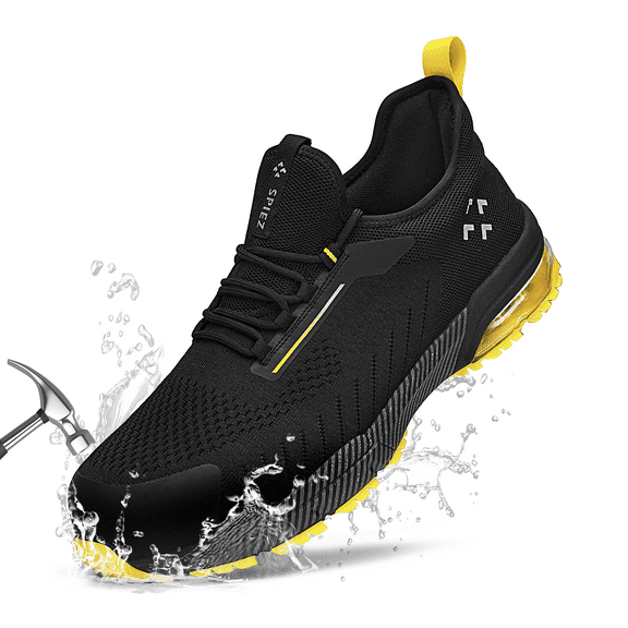 SPIEZ® Men's Non-Slip Safety Shoes, Air Cushioned Slip-on Work Sneakers with Composite Toe,Lightweight Breathable for Warehouse, Job Site, Outdoor Use,Black Yellow Size 9