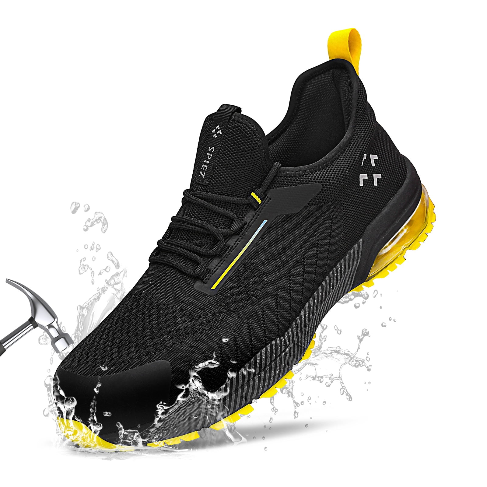 Composite Toe Safety Shoes for Men, Air Cushioned Slip-on Work Sneakers, Lightweight Breathable for Warehouse, Job Site, Outdoor Use, Black Size 10.5