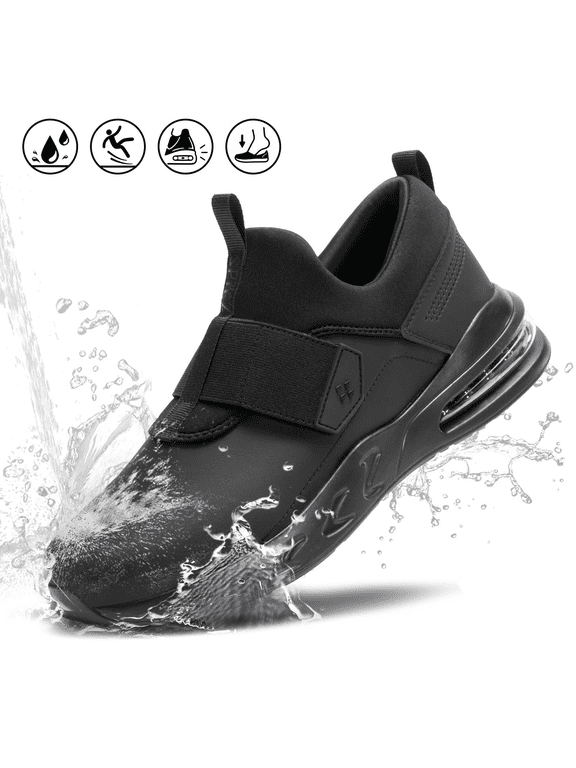 ® Unisex Non Slip Work Shoes,Waterproof Work Sneakers with Air Cushion,Easy Clean Slip On Food Service Shoes for Server|Nurse|Chef-Black,Size 13.5 Women/12 Men