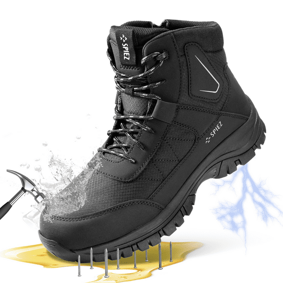 SPIEZ® Men's Steel Toe ESD Work Boots, Anti-Static Waterproof Safety Boots, Non-Slip High Top Lace-Up Shoes with Zipper, Puncture-Resistant, for Industrial & Construction Use, Black, Size 9