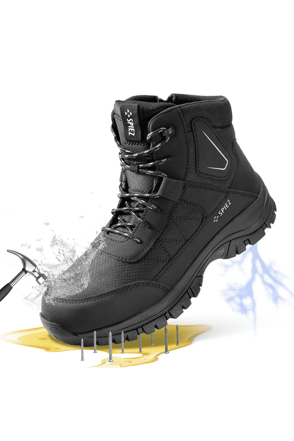 ® Men's Steel Toe ESD Work Boots, Anti-Static Waterproof Safety Boots, Non-Slip High Top Lace-Up Shoes with Zipper, Puncture-Resistant, for Industrial & Construction Use, Black, Size 9