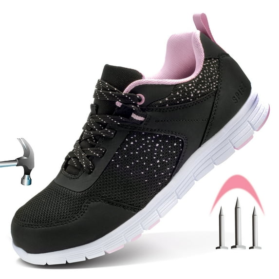 SPIEZ Women's Lightweight Composite Toe Safety Shoes, Slip Resistant Puncture Proof Work Shoes, Breathable Safety Toe Sneakers for Work and Daily Wear - Black Size 9