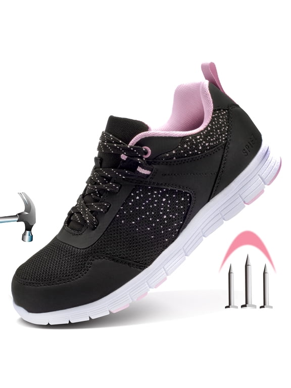 Women's Lightweight Composite Toe Safety Shoes, Slip Resistant Puncture Proof Work Shoes, Breathable Safety Toe Sneakers for Work and Daily Wear - Black Size 6