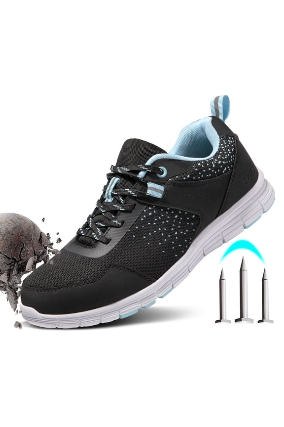 ® Women's Composite Toe Safety Shoes,Non Slip Shoes,Breathable Lightweight Safety Sneakers for Work and Daily Wear, Black Blue Size 7.5