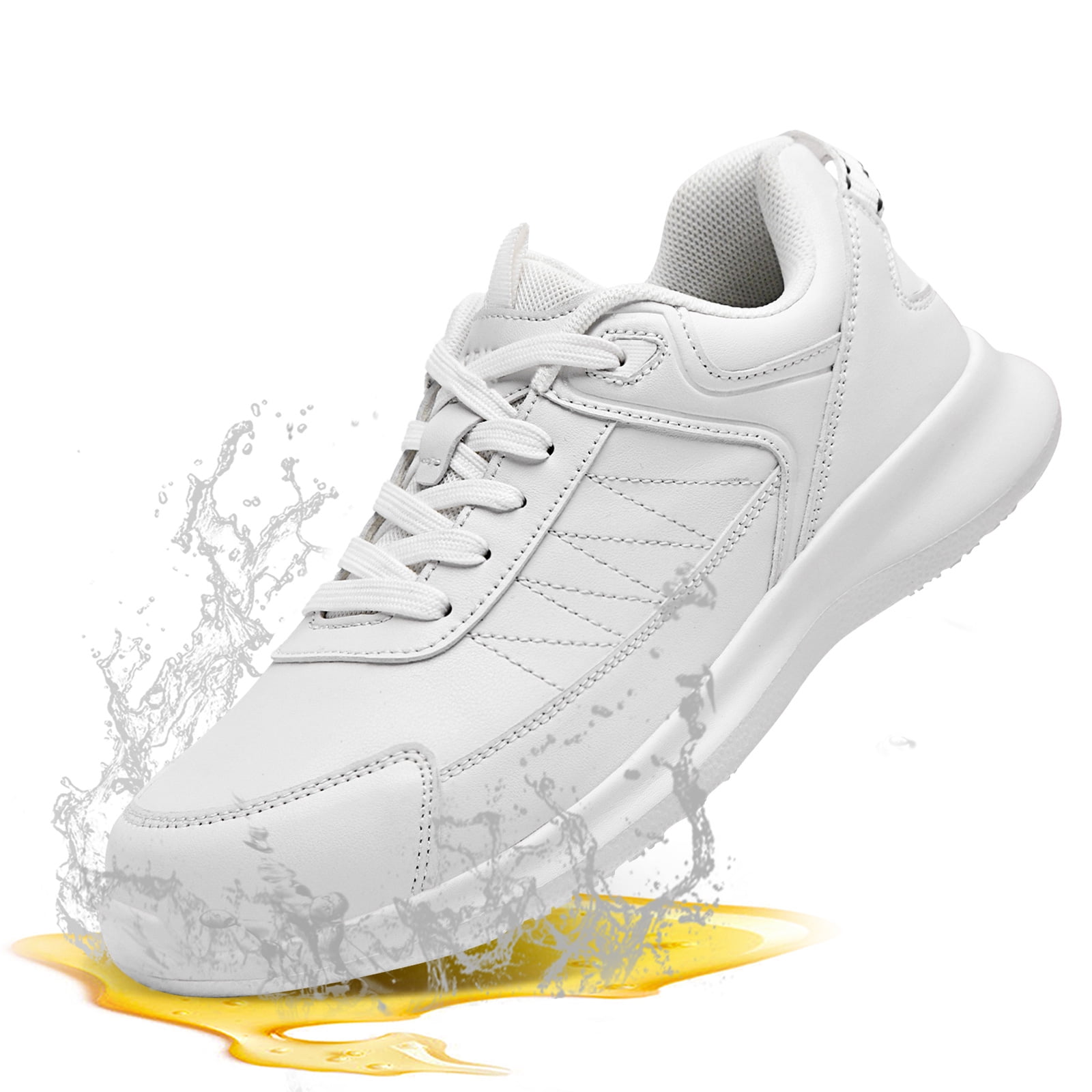 SPIEZ Women’s Non-Slip Work Shoes, Waterproof Oil-Resistant Lightweight Sneakers for Nurses Chef Kitchen Restaurant, with Arch Support, White Size 7.5