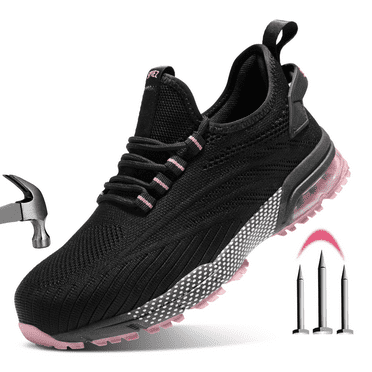 SPIEZ® Composite Toe Safety Shoes for Women, Slip On Lightweight Safety Sneakers, Breathable Work Shoe with Air Cushion, Black Pink Size 5