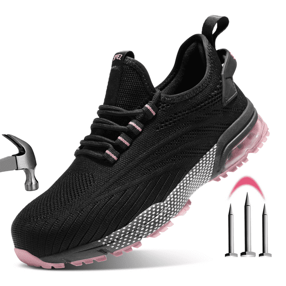 SPIEZ® Composite Toe Safety Shoes for Women, Slip On Lightweight Safety Sneakers, Breathable Work Shoe with Air Cushion, Black Pink Size 7