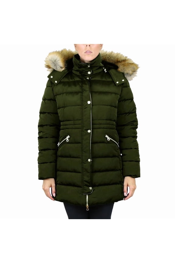 WOMEN'S HEAVYWEIGHT PARKA JACKET DETACHABLE FAUX HOOD SIZE M - DARK OLIVE