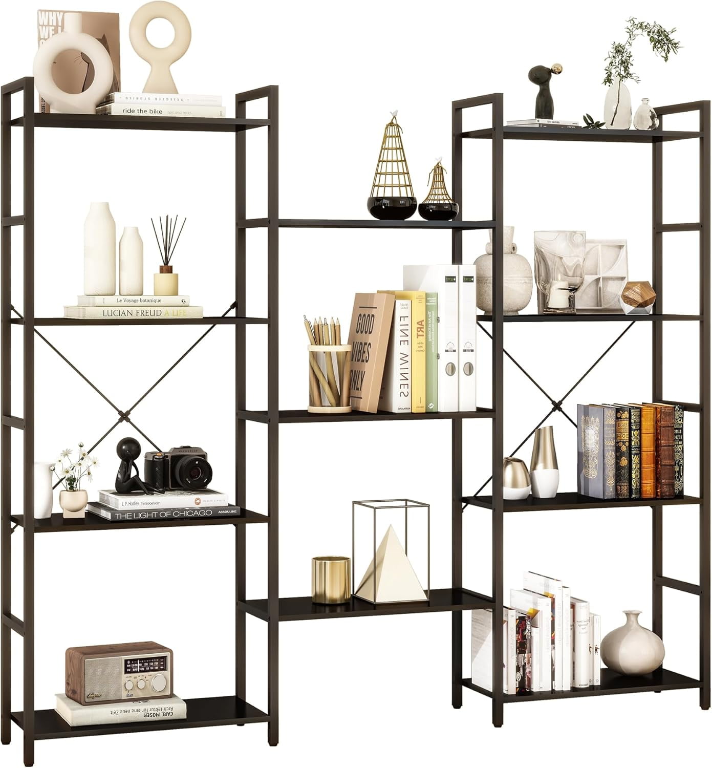 Bl Shelf SPITEZ Triple 4/5/6 Tier Bookshelf, Industrial Bookcase with 11/14/17 ...