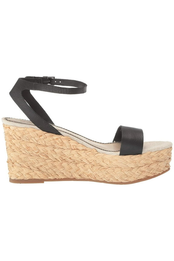 Womens Black 2" Platform Ankle Strap Padded Marie Round Toe Wedge Buckle Leather Espadrille Shoes 10 M