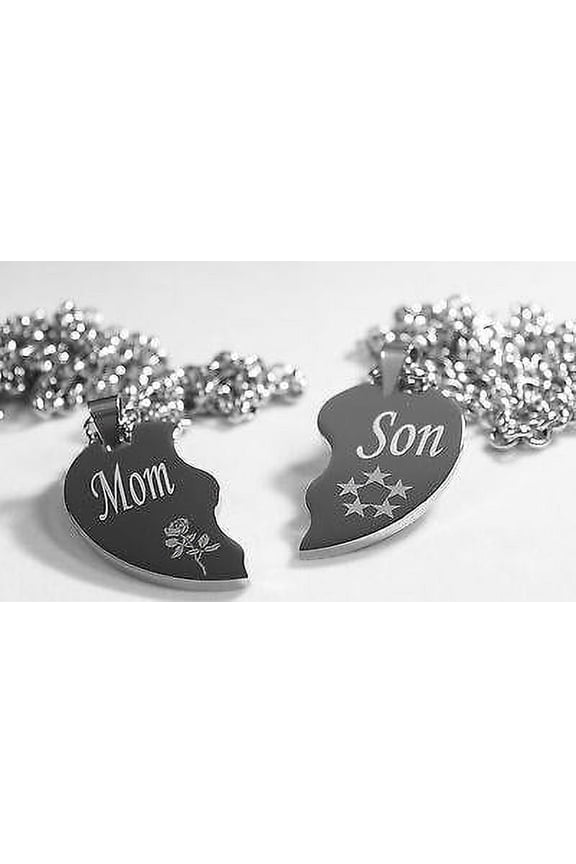SPLIT HEART NECKLACES MOM SON SILVER STAINLESS STEEL THICK HEAVY PENDANTS