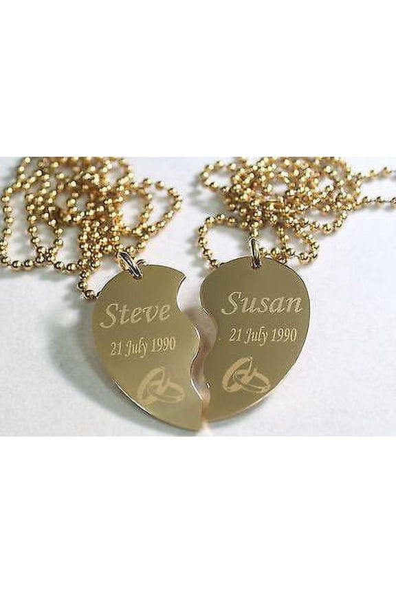 SPLIT HEART WEDDING SET NECKLACE SET IPG GOLD STAINLESS STEEL FREE ENGRAVING