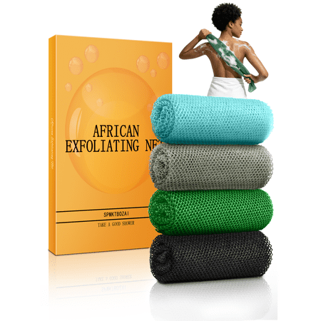 SPMKTBOZAIAfrican Exfoliating Net, 4 Pieces African Net Sponge, Nylon African Bath Sponge Net, African Net Long Net Bath Sponge Shower Body Scrubber