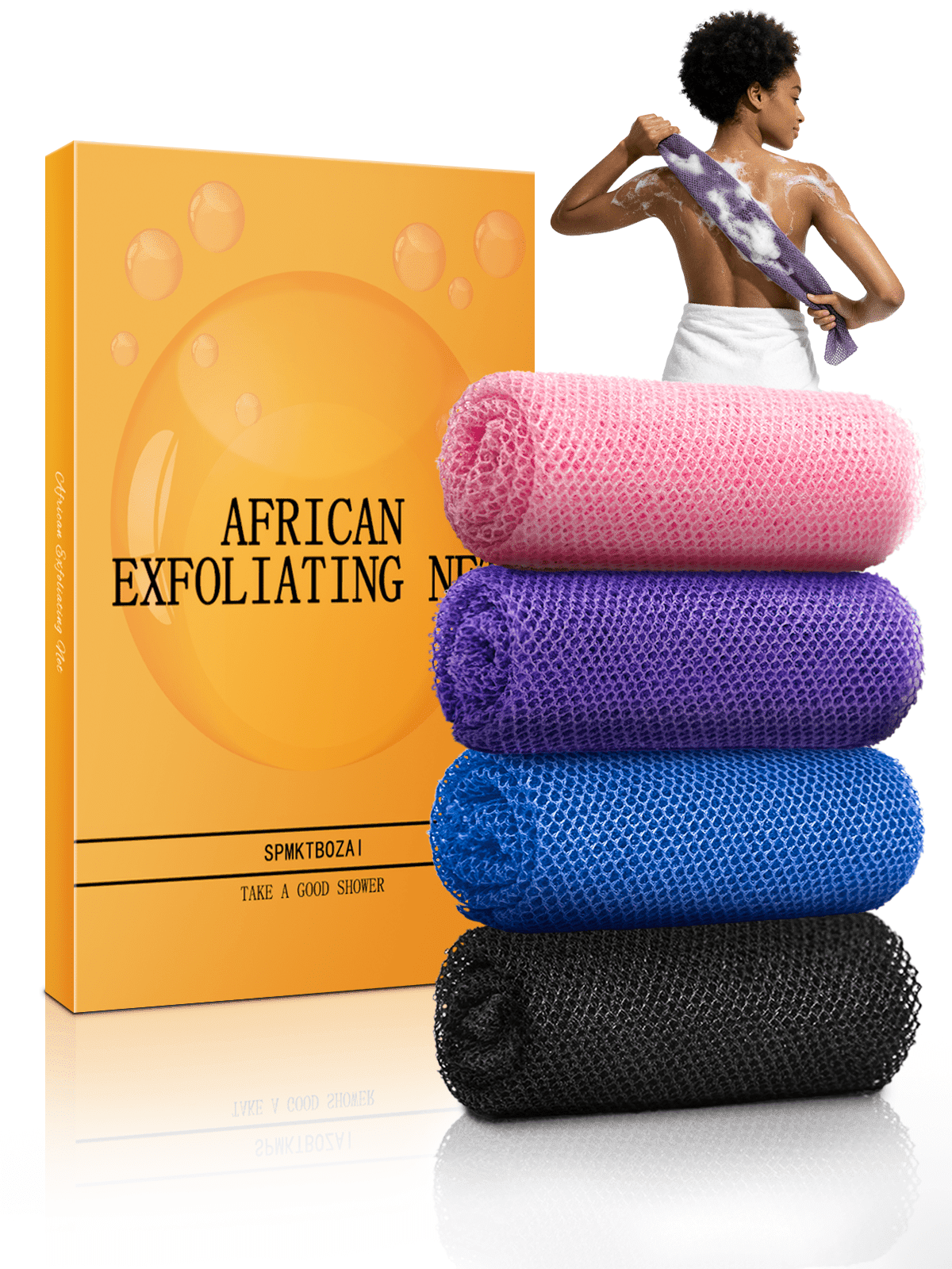 SPMKTBOZAI 4 Pack African Net Sponge, Authentic African Exfoliating Net Sponge for Body & Back, Extra Long Stretchable African Wash Cloth Bath Scrubber for Smooth Skin & Daily Shower