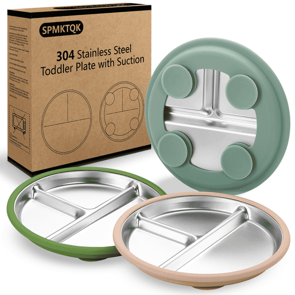 SPMKTQK 3Pack Stainless Steel Kids Plates, 8.1" Divided Kids Plate with Removable Silicone Suction Sleeves for Baby Highchairs, Non Toxic BPA Free Non-Slip Unbreakable Snack Lunch Plates