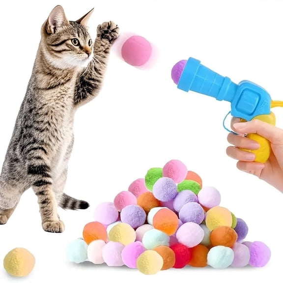 Cat Ball Toy Plush Fuzzy Cat Toy Launchers & 20 Pcs Cat Pom Pom Balls Funny Interactive Cat Toys for Indoor Adult Cats,Kitten Kitty,Dogs