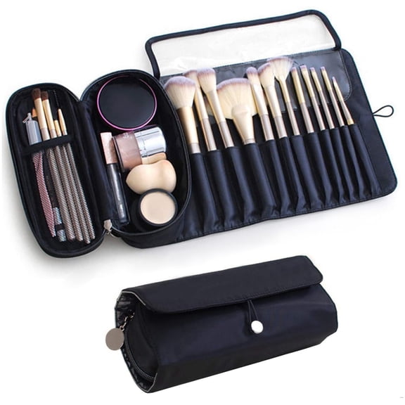 Folding Makeup Brush Bag,Portable Makeup Brush Travel Case,Roll Up Brush Storage Bag,Makeup Brush Organizer Bag,Black